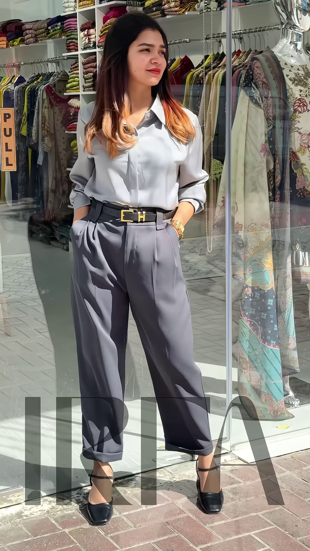 Chic High-Waisted Pleated Palazzo Pants with Button-Down Top - Image 2