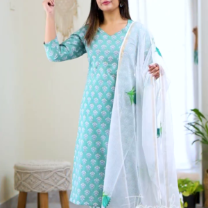 Light Blue Printed Straight-Cut Kurti Set with Coordinating Dupatta