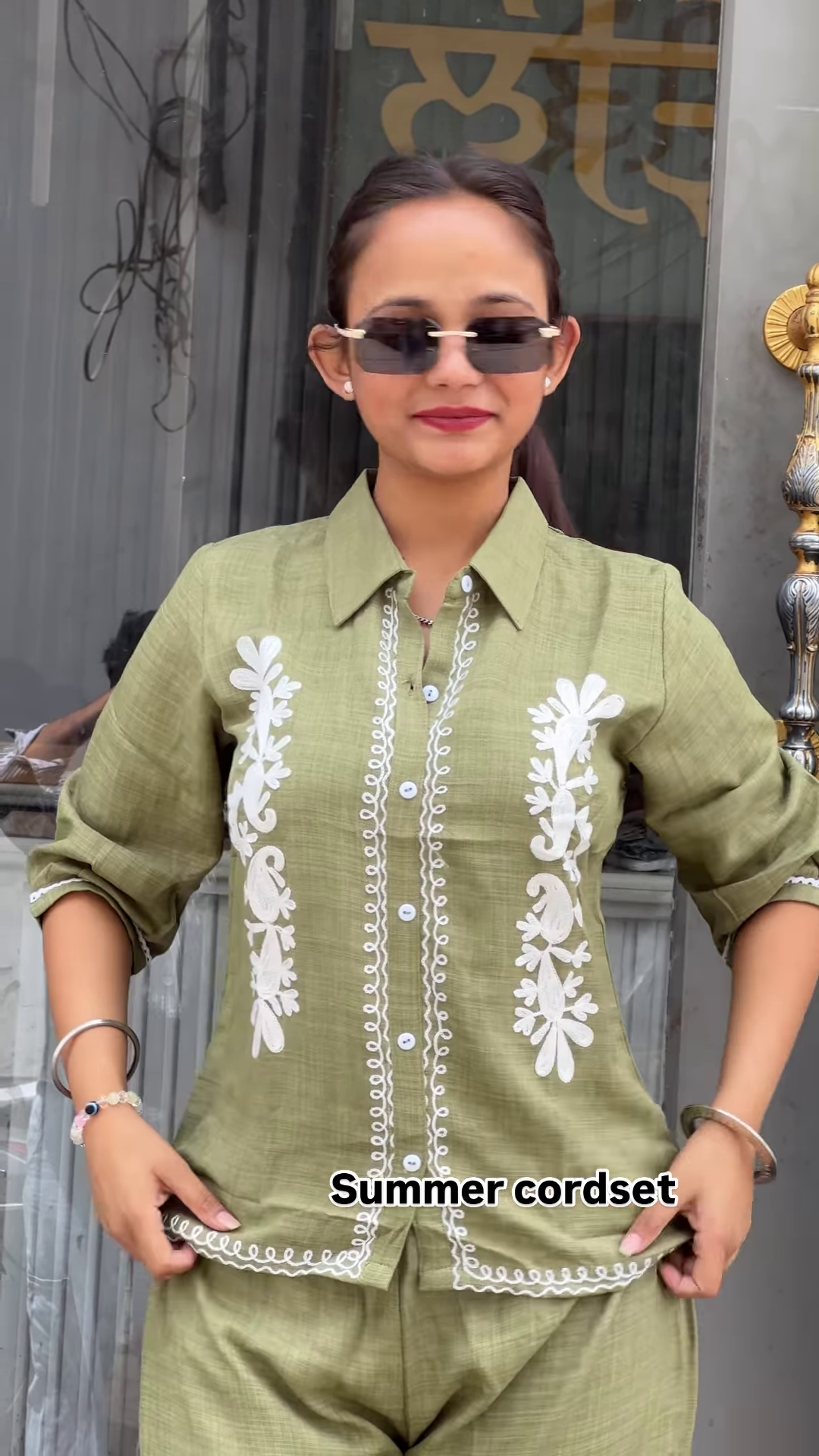 Light Green Embroidered Co-ord Set with Button-Down Top and Straight Pants - Image 3