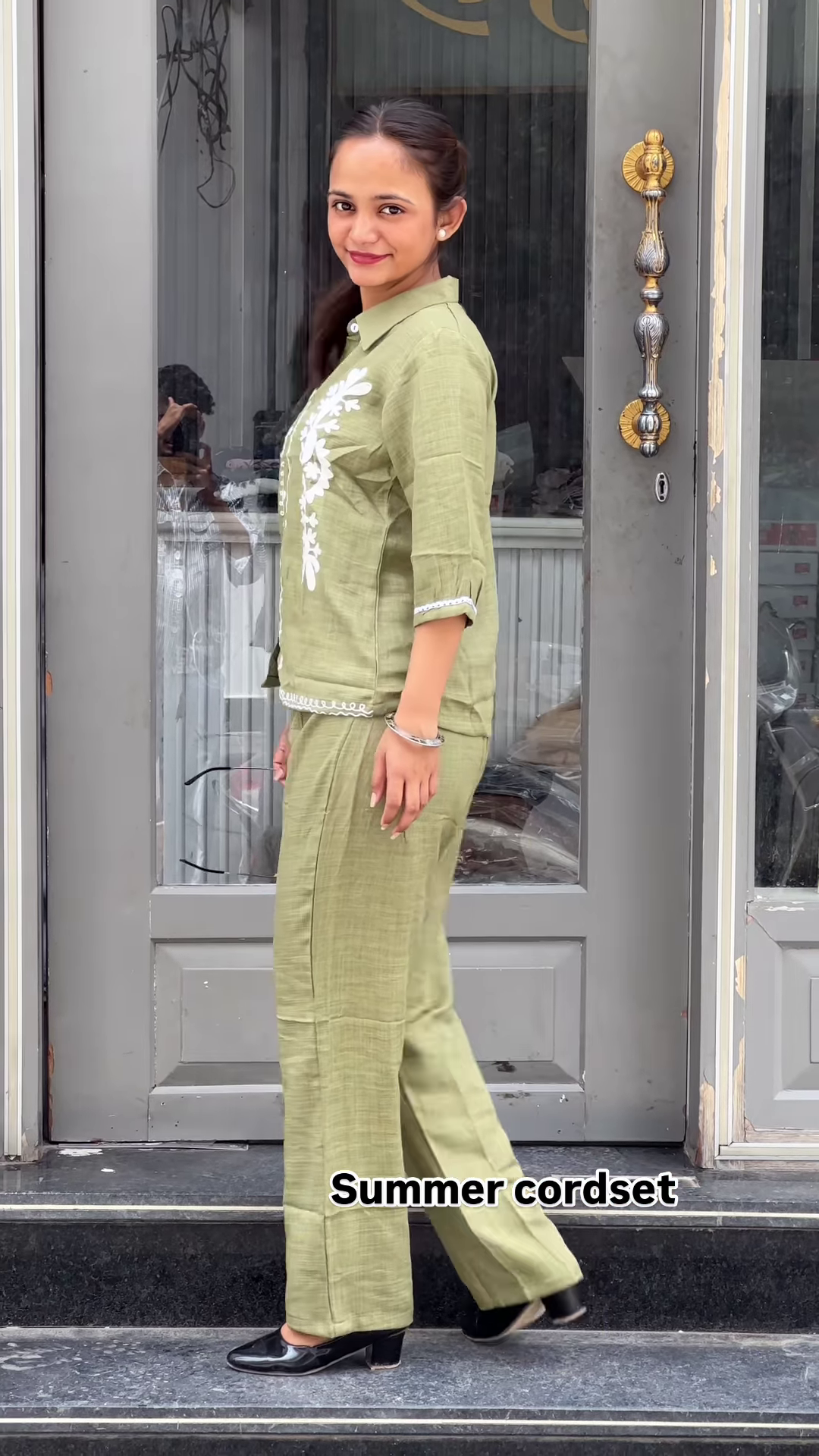 Light Green Embroidered Co-ord Set with Button-Down Top and Straight Pants - Image 2