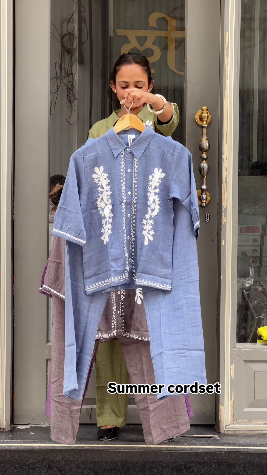 Light Green Embroidered Co-ord Set with Button-Down Top and Straight Pants - Image 6