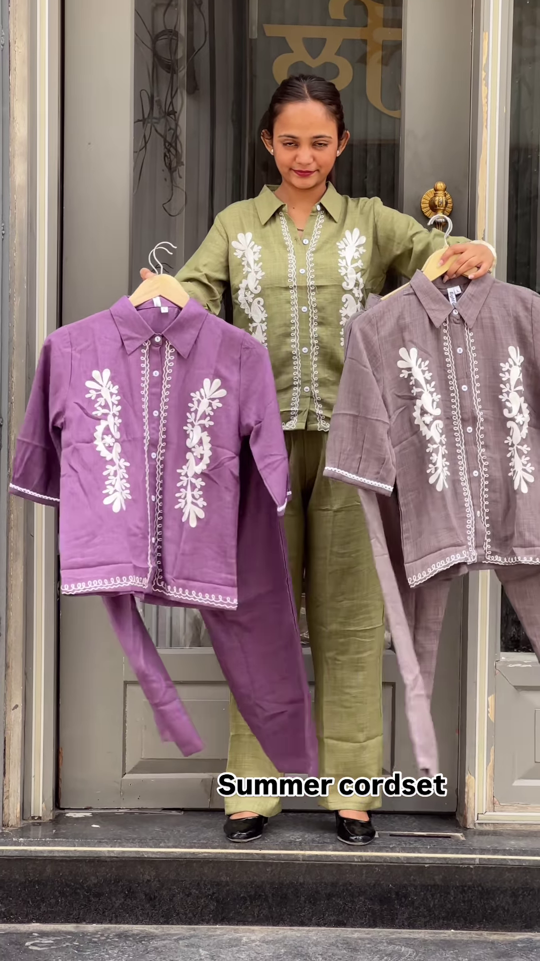 Light Green Embroidered Co-ord Set with Button-Down Top and Straight Pants - Image 5