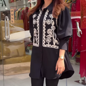 Stylish Black Button-Down Tunic with Embroidered Front Panels