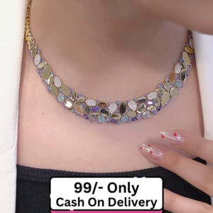 Gold-Toned Floral Necklace with Purple and White Stones – Elegant Party Wear Jewelry for Women