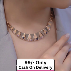 Rose Gold Plated Geometric Necklace & Earrings Set for Women – Stylish Blue Stone Jewelry for Parties & Formal Wear
