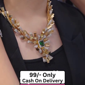 Modern Geometric Statement Necklace with Central Green Gemstone