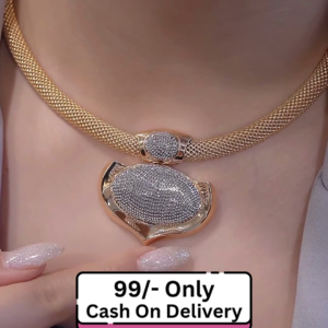 Elegant Gold-Toned Necklace with Sparkling Pave Detail and Mesh Chain