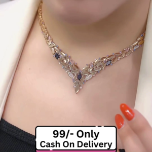 Elegant Gold-Toned Statement Necklace with Intricate Leaf-Inspired Design and Sparkling Accents