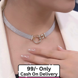 Stylish Silver-Toned Mesh Choker Necklace with Interlocking Ring Clasp and Matching Earrings