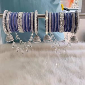 Traditional Navy Blue and Silver Bridal Bangle Set with Hanging Jhumkas