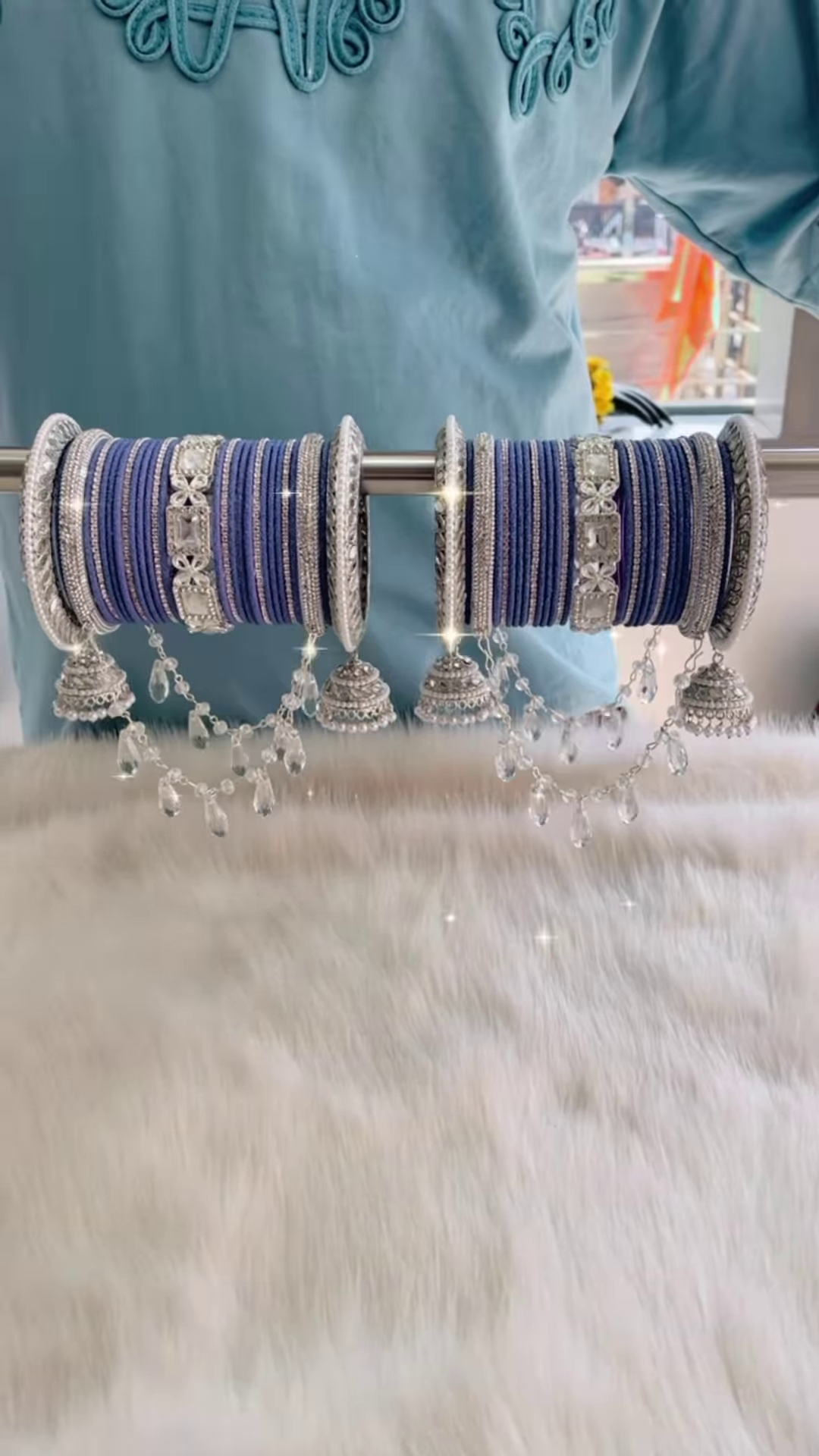 Traditional Navy Blue and Silver Bridal Bangle Set with Hanging Jhumkas