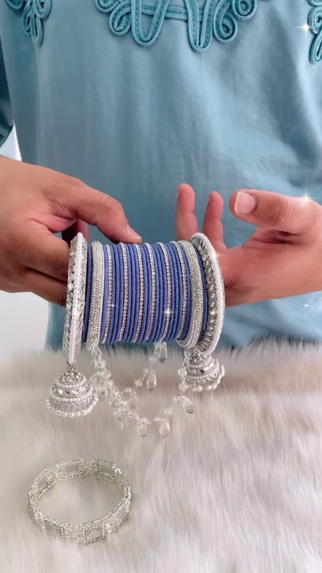 Traditional Navy Blue and Silver Bridal Bangle Set with Hanging Jhumkas - Image 3