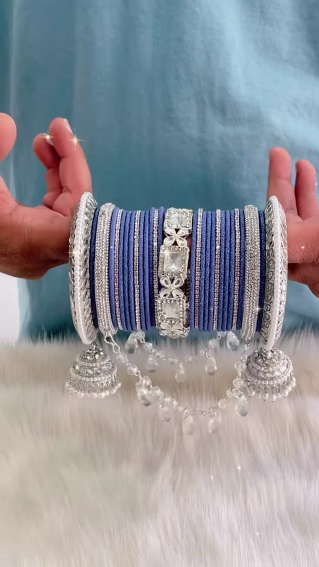 Traditional Navy Blue and Silver Bridal Bangle Set with Hanging Jhumkas - Image 4