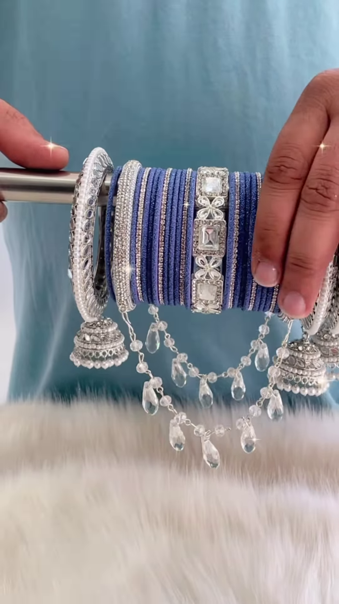 Traditional Navy Blue and Silver Bridal Bangle Set with Hanging Jhumkas - Image 2