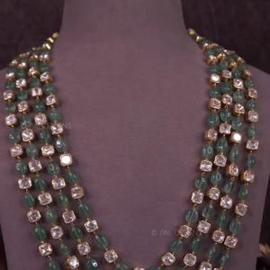 Multi-Strand Green Beaded Necklace with Square Polki-Style Accents
