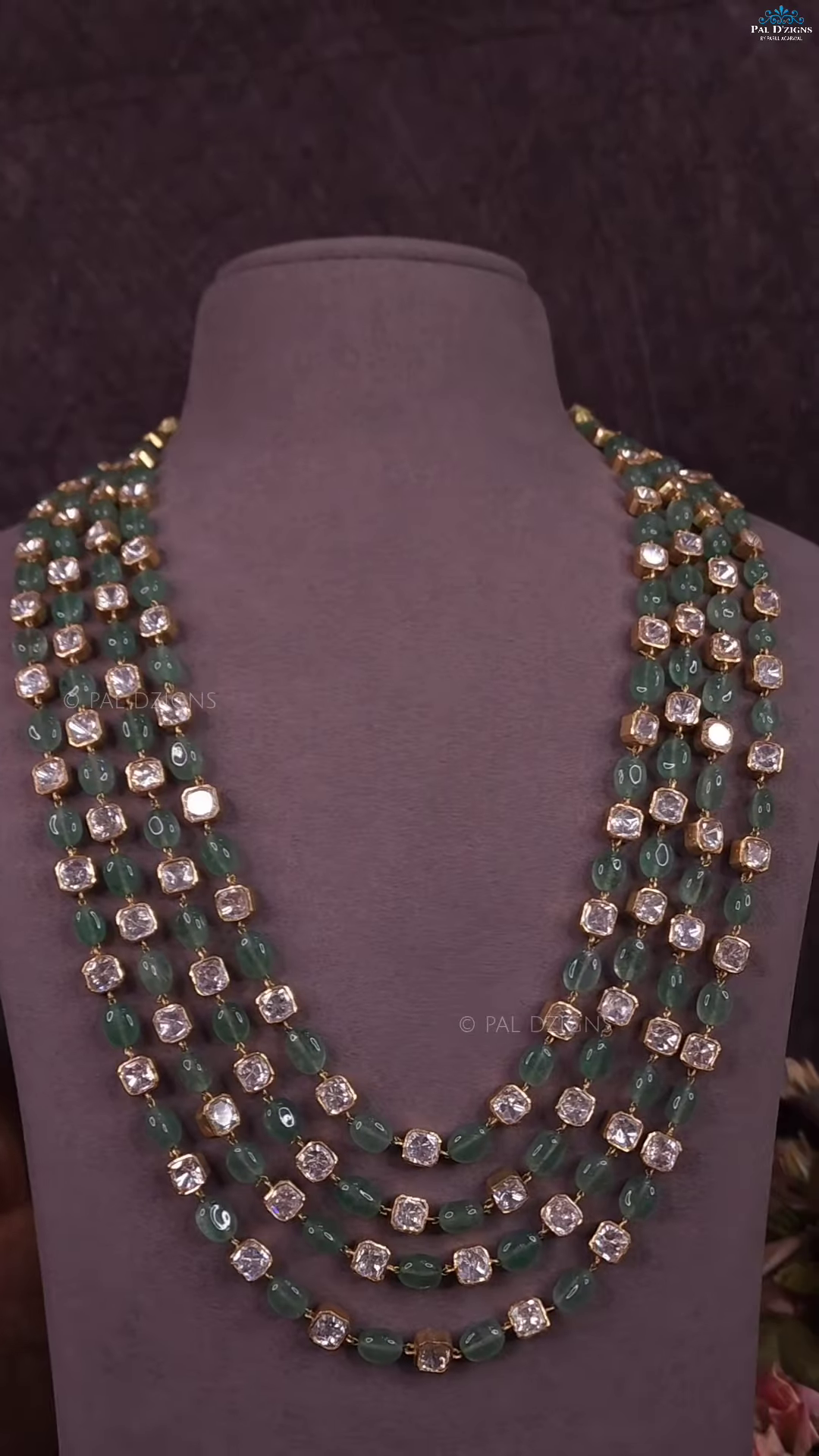 Multi-Strand Green Beaded Necklace with Square Polki-Style Accents