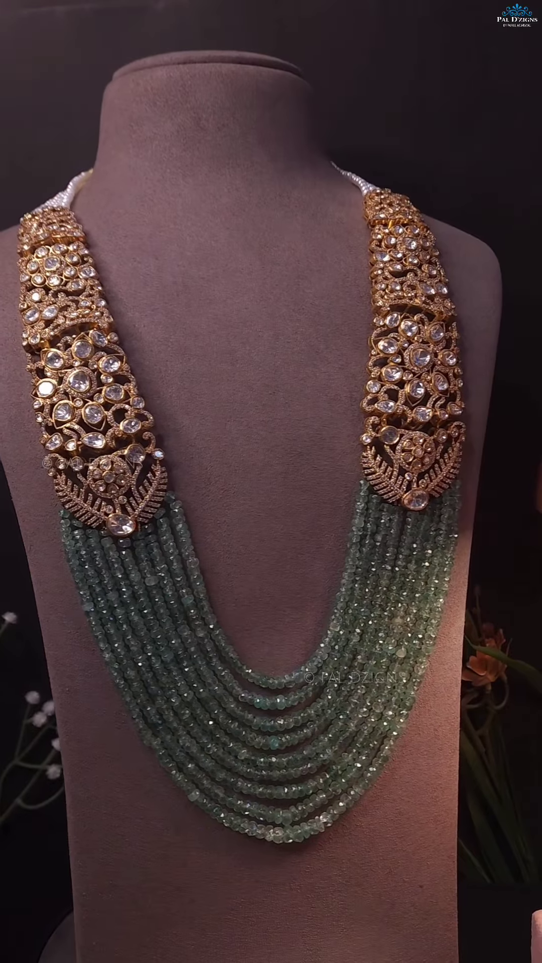 Multi-Strand Green Beaded Necklace with Square Polki-Style Accents - Image 6