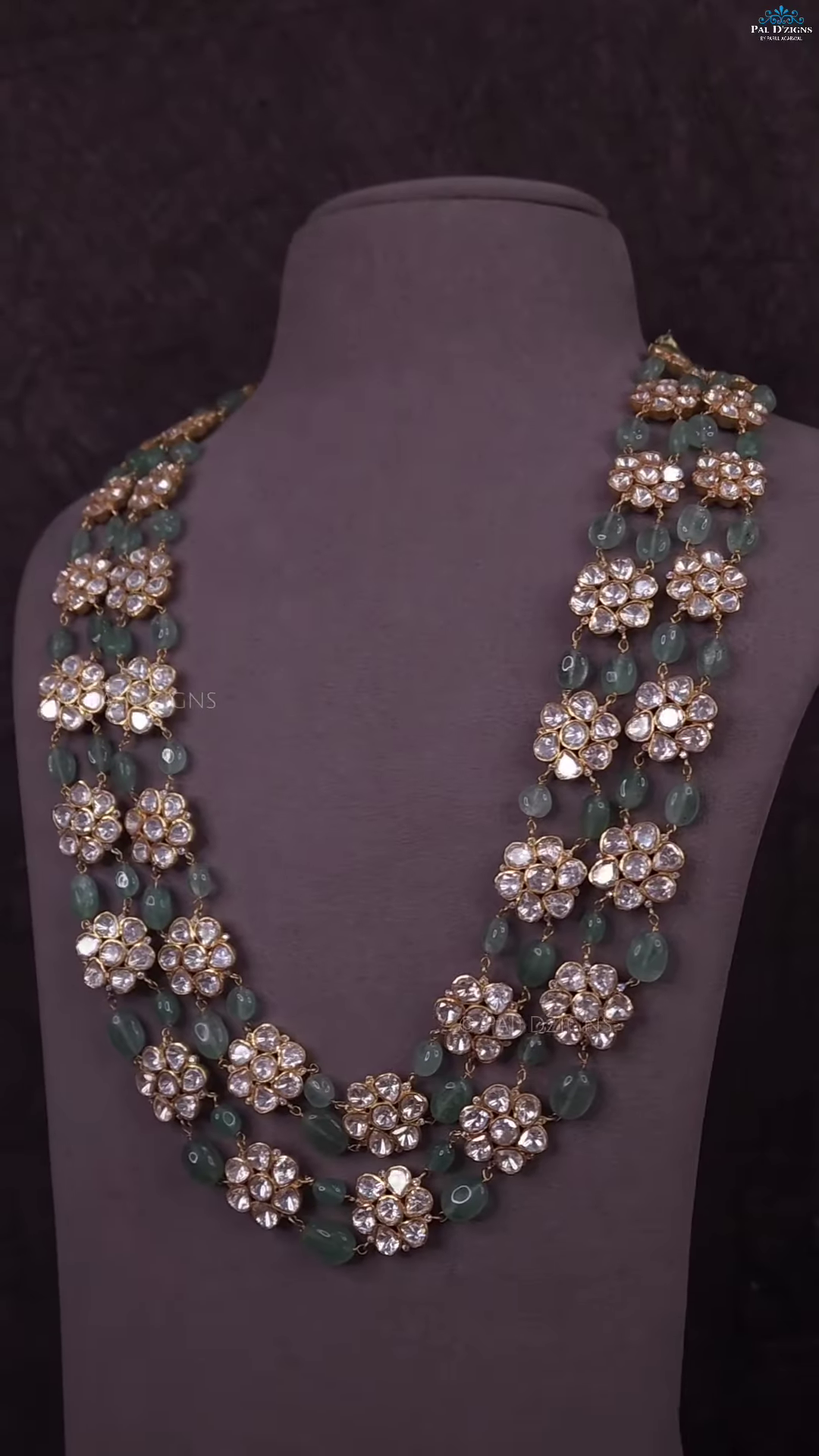 Multi-Strand Green Beaded Necklace with Square Polki-Style Accents - Image 4