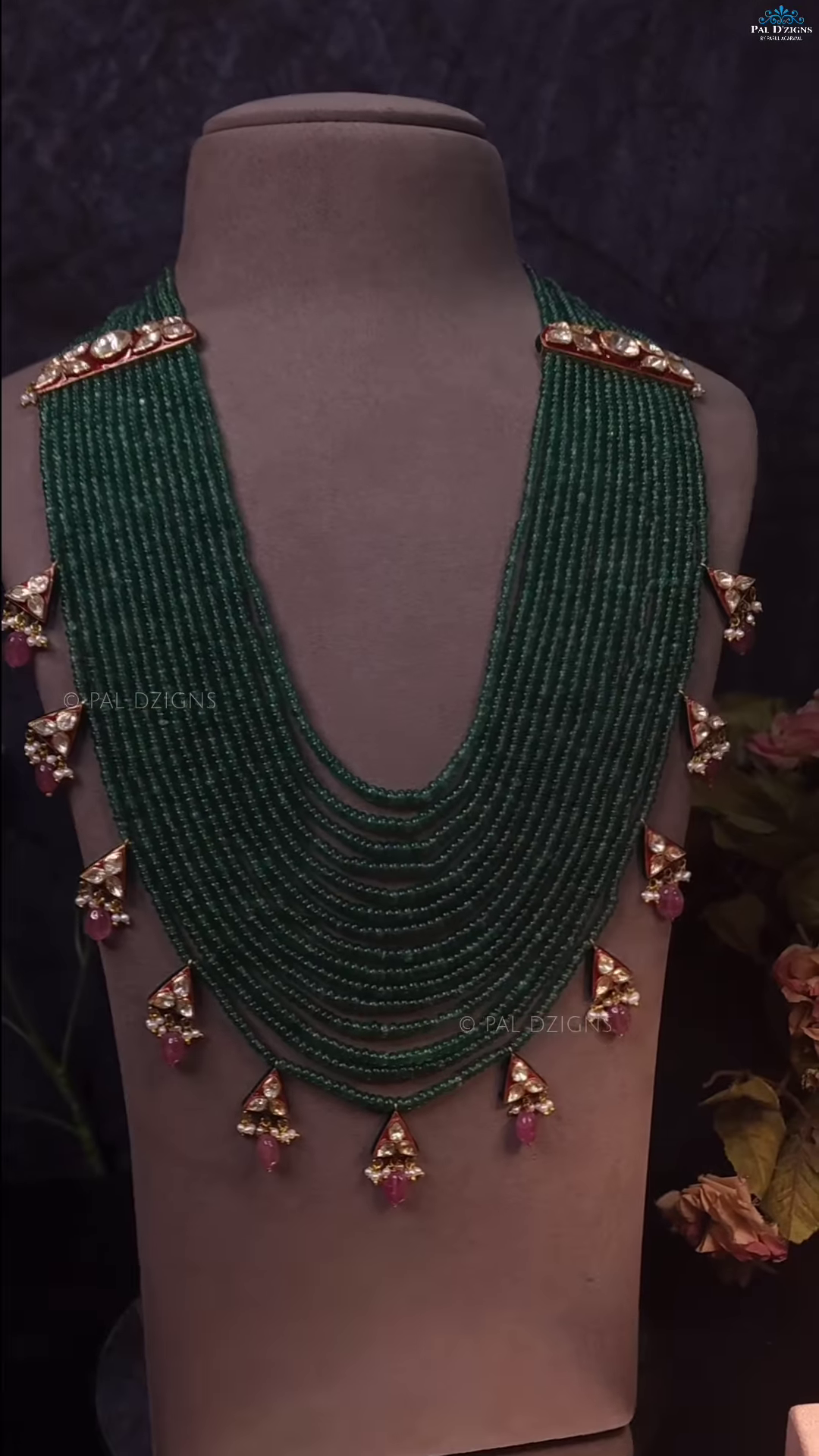 Multi-Strand Green Beaded Necklace with Square Polki-Style Accents - Image 2