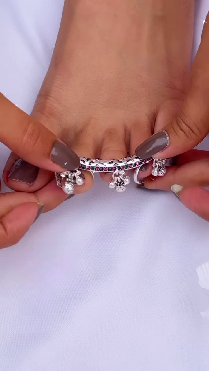 Elegant Silver-Toned Toe Ring with Colorful Gemstone Accents and Dangle Bells - Image 2