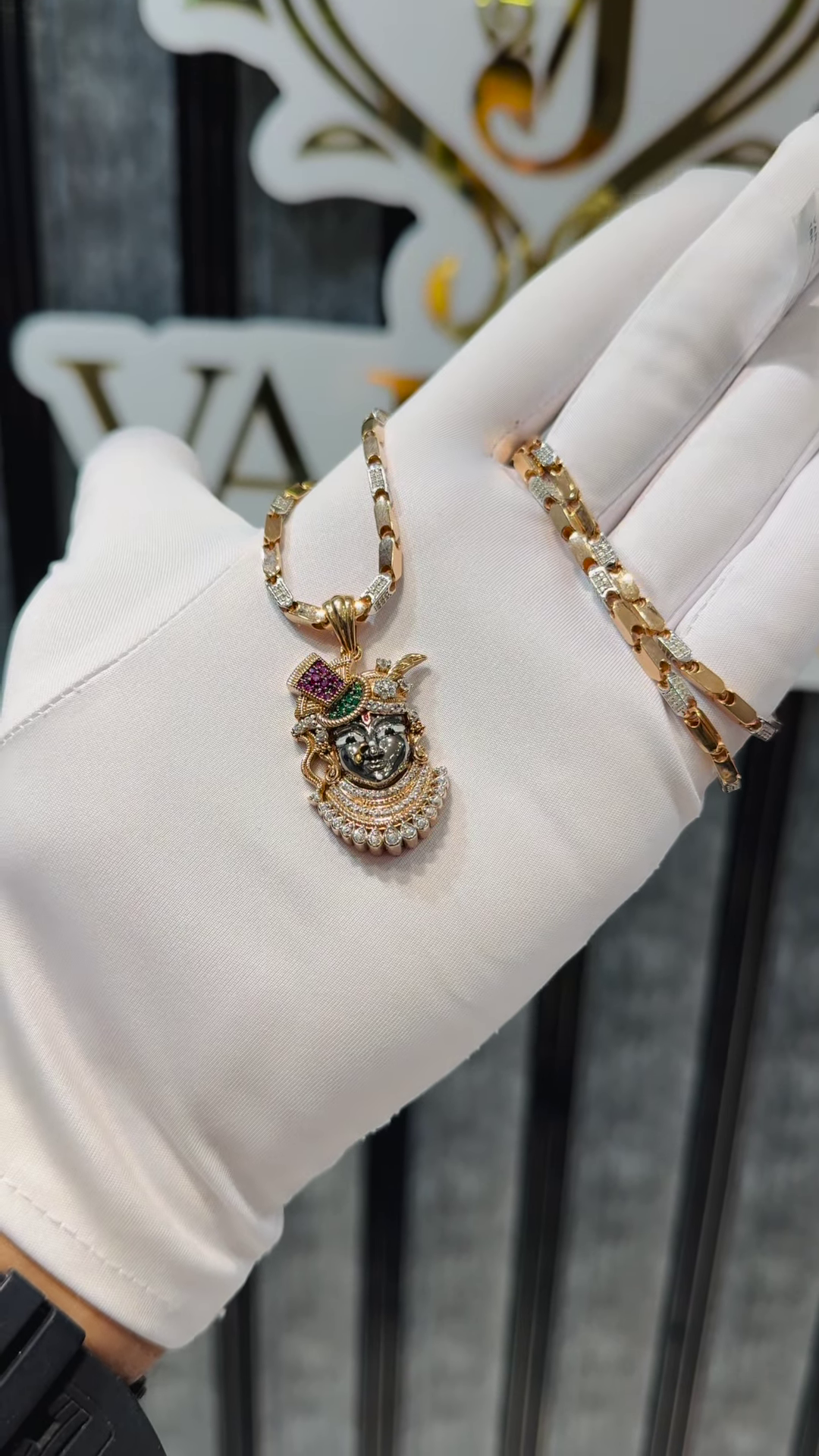 Exquisite Gold-Toned Devotional Pendant Necklace with Intricate Gemstone Embellishments and Dual-Texture Chain - Image 2