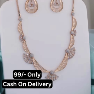 Elegant Rose Gold-Toned Necklace and Earring Set with Intricate Fan Motifs and Pave Sparkle