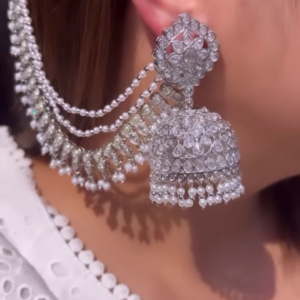 Dazzling Silver-Toned Jhumka Earrings with Multiple Chains and Pearl Embellishments