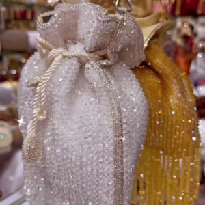 Exquisite White Beaded Potli Bag with Sparkling Embellishments and Tasseled Drawstring