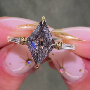 Artisan Gold-Toned Kite-Cut Salt & Pepper Diamond Ring with Baguette Accents