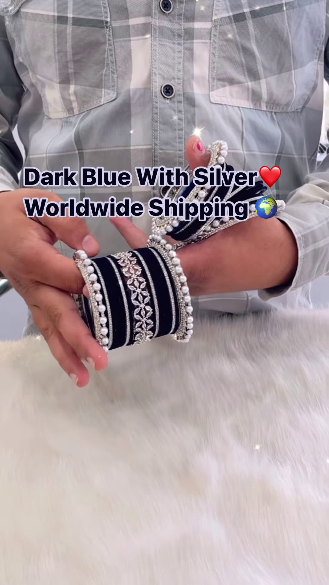 Elegant Navy Blue and Silver Bridal Bangle Set with Sparkle and Pearl Accents - Image 2