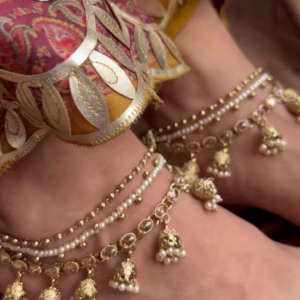 Elegant Gold-Toned Anklets with Pearl Accents and Dangle Bells
