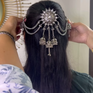 Exquisite Oxidized Silver-Toned Hair Chain with Bell Dangles and Sparkling Gemstones