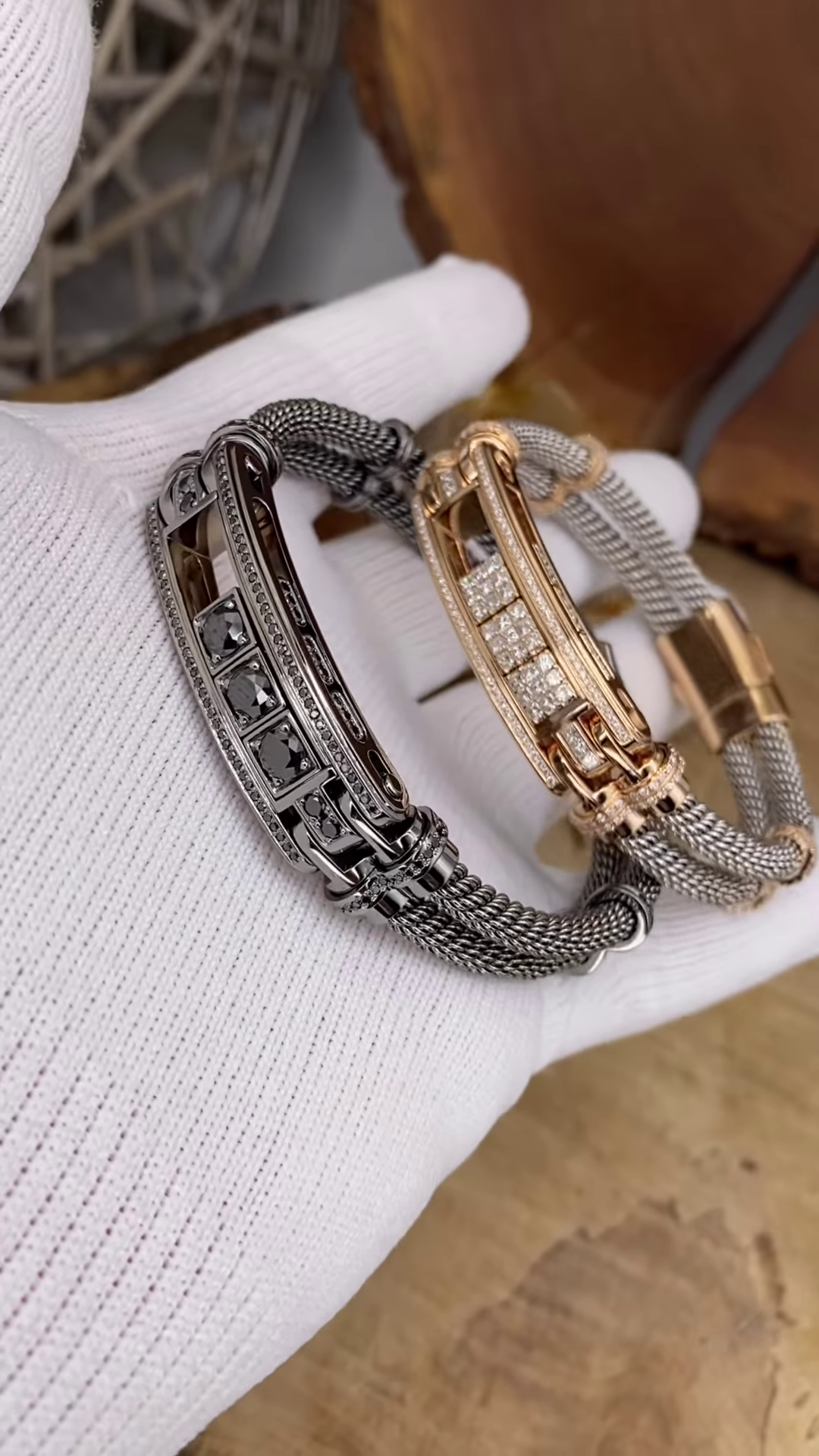 Luxurious Two-Tone Cable Bracelets with Diamond Accents and Distinctive Metalwork - Image 2