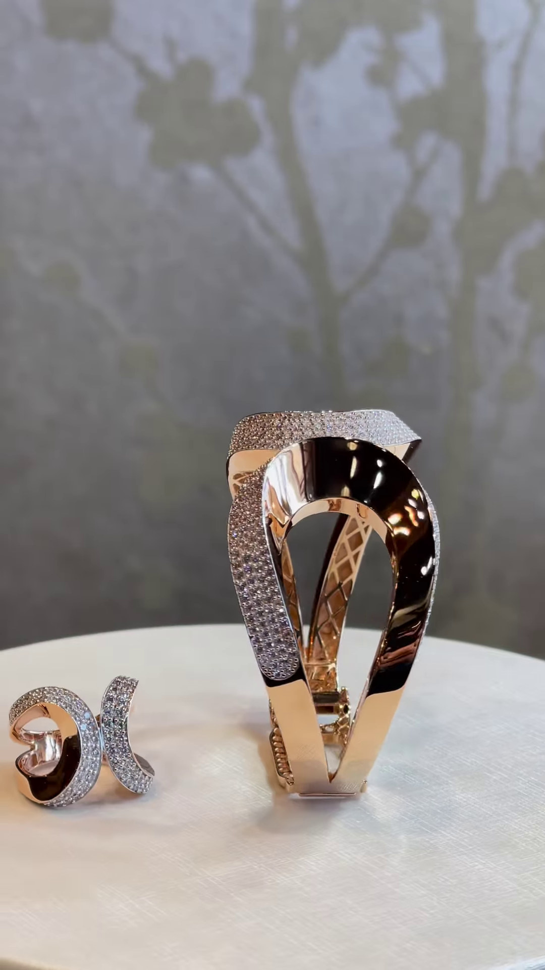 Exquisite Two-Tone Pavé Diamond Bangle and Ring Set with Sculptural Design - Image 3