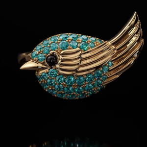 Art Deco Inspired Gold-Toned Bird Ring with Teal Pavé Setting and Gemstone Eye