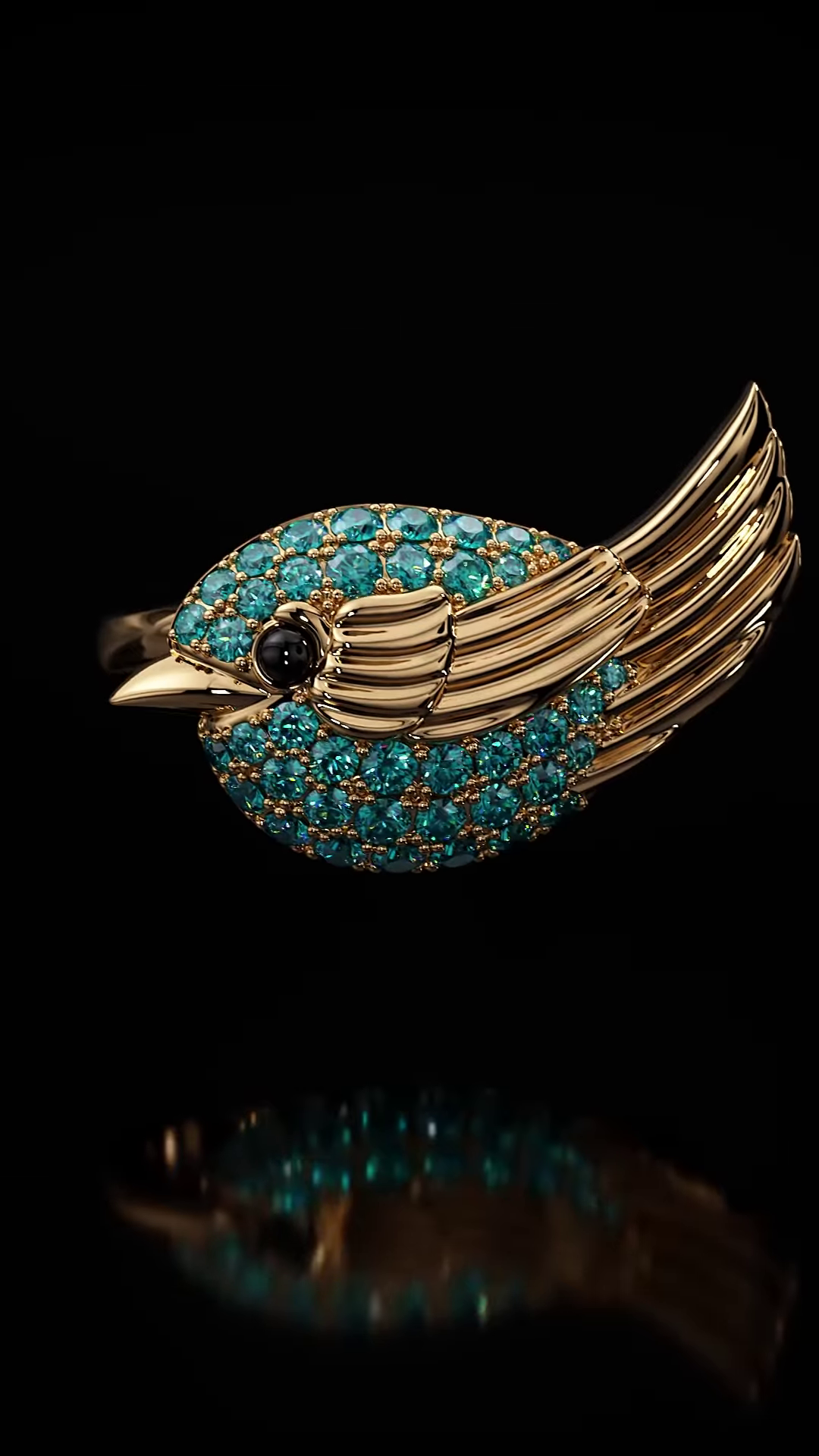 Art Deco Inspired Gold-Toned Bird Ring with Teal Pavé Setting and Gemstone Eye