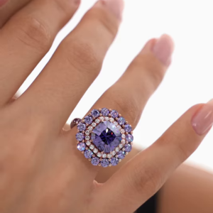 Luxurious Rose Gold-Toned Ring with Oval Purple Center Gemstone and Double Halo
