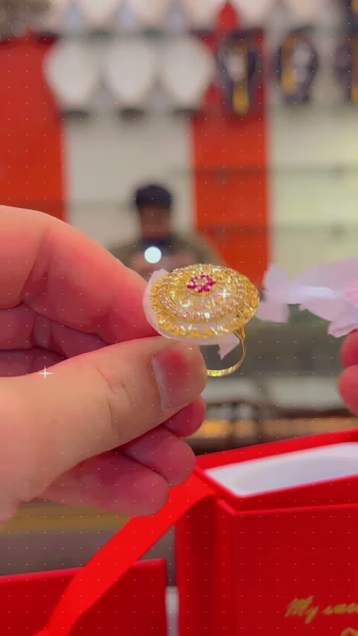 Ornate Gold-Toned Ring with Red Gemstone Center and Circular Filigree Design - Image 2