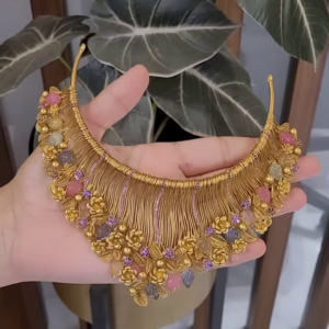 Ornate Gold-Toned Statement Necklace with Multi-Colored Gemstones and Floral Accents