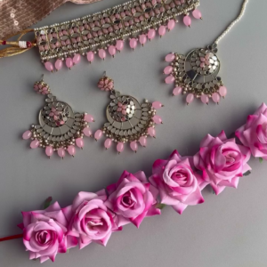 Elegant Silver-Toned Choker Jewelry Set with Pink Beaded Drops and Matching Maang Tikka & Earrings