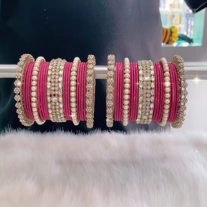 Opulent Maroon and Gold-Toned Bangle Set with Pearl and Crystal Embellishments