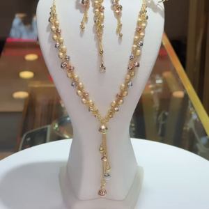 Elegant Multi-Tone Gold Bead Jewelry Set with Dangle Necklace, Earrings, and Ring