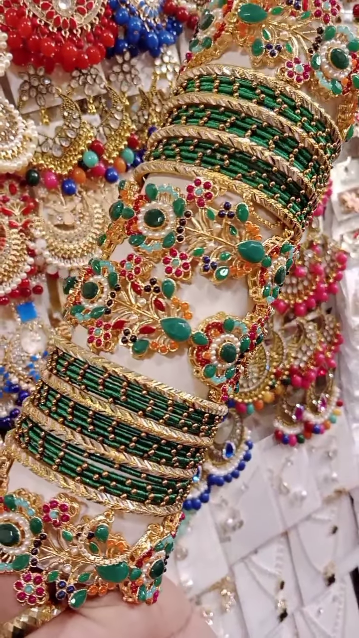 ibrant Green and Gold-Toned Bangle and Earring Set with Intricate Gemstone Embellishments - Image 2