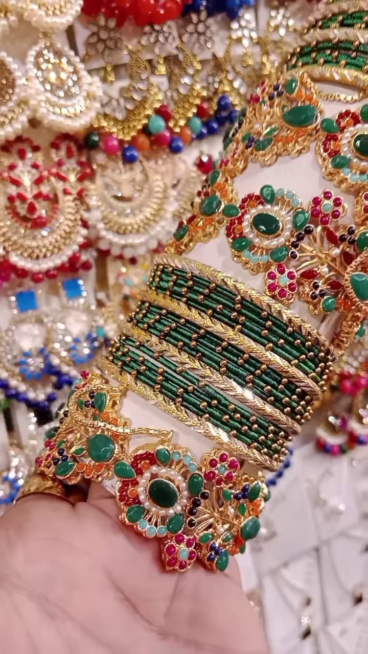 ibrant Green and Gold-Toned Bangle and Earring Set with Intricate Gemstone Embellishments - Image 3