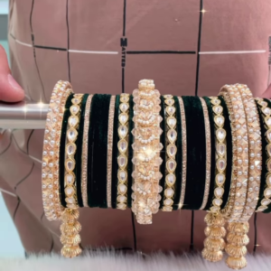 Opulent Dark Green Velvet-Inspired Bangle Set with Gold-Toned Embellishments and Clear Gemstones