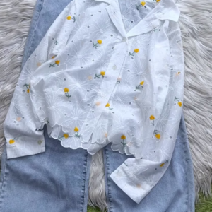 Eyelet Floral Embroidered Button-Down Shirt and Denim Set