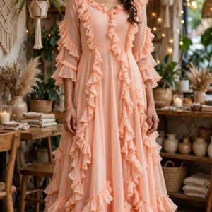 Peach Ruffle Dream Georgette Anarkali Gown