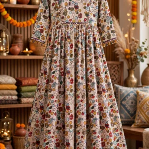 Artisanal Kalamkari Floral & Festive Motif Ethnic Kurta Set – Available in Cream with Bird Motif & Multi-Colour Folk Art Design