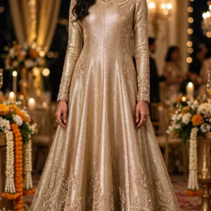 Luminous Champagne Embroidered Anarkali Ensemble with Sequin Detailing