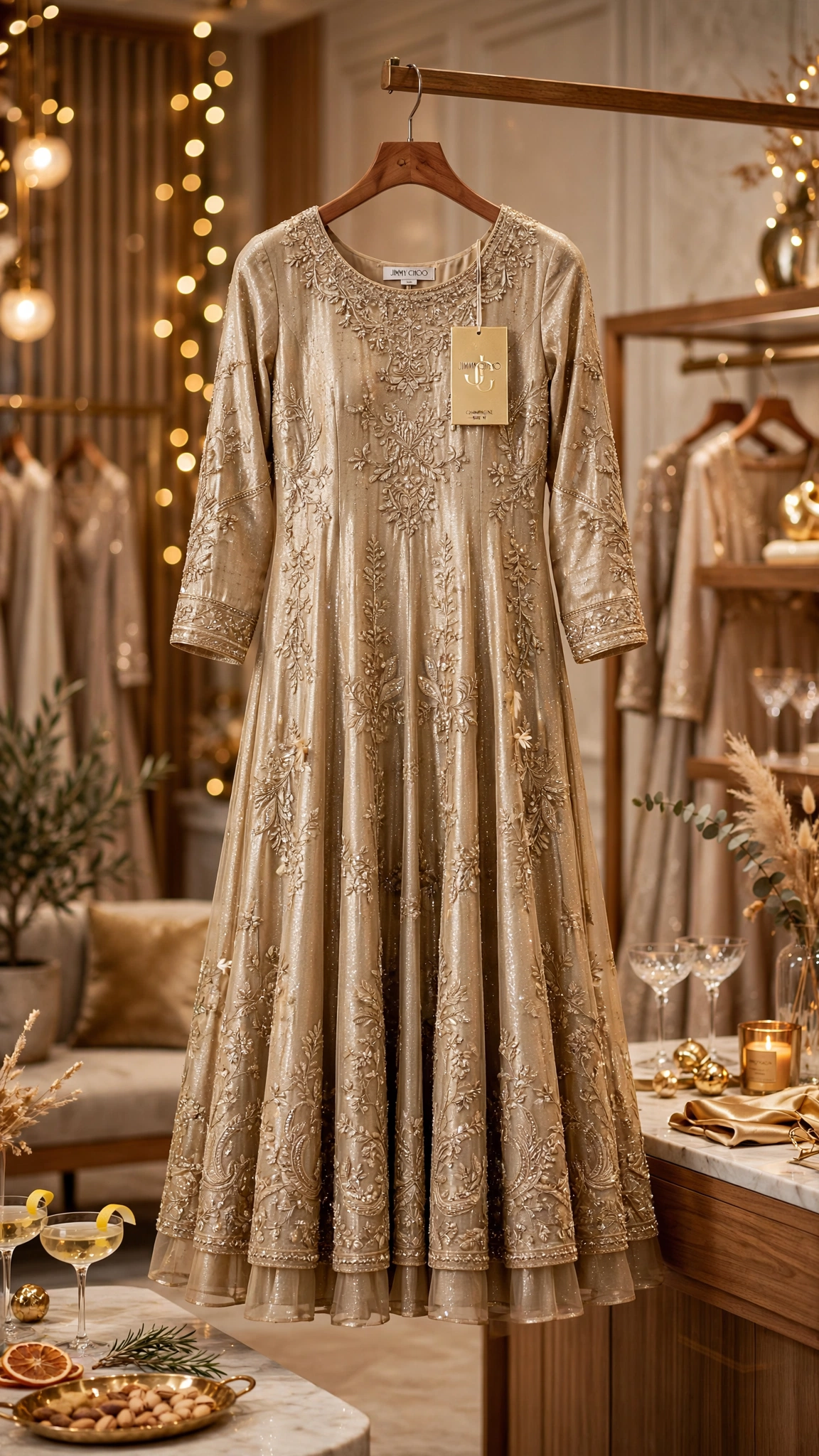 Luminous Champagne Embroidered Anarkali Ensemble with Sequin Detailing - Image 2
